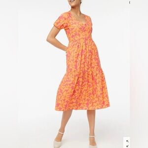 J. Crew Pink Orange Hawaiian Print Puff Sleeve Tiered Midi Dress Preppy Resort‎
